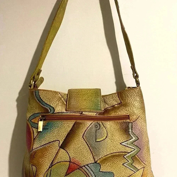 Handmade painted multicolor leather shoulder bag - Picture 2 of 9